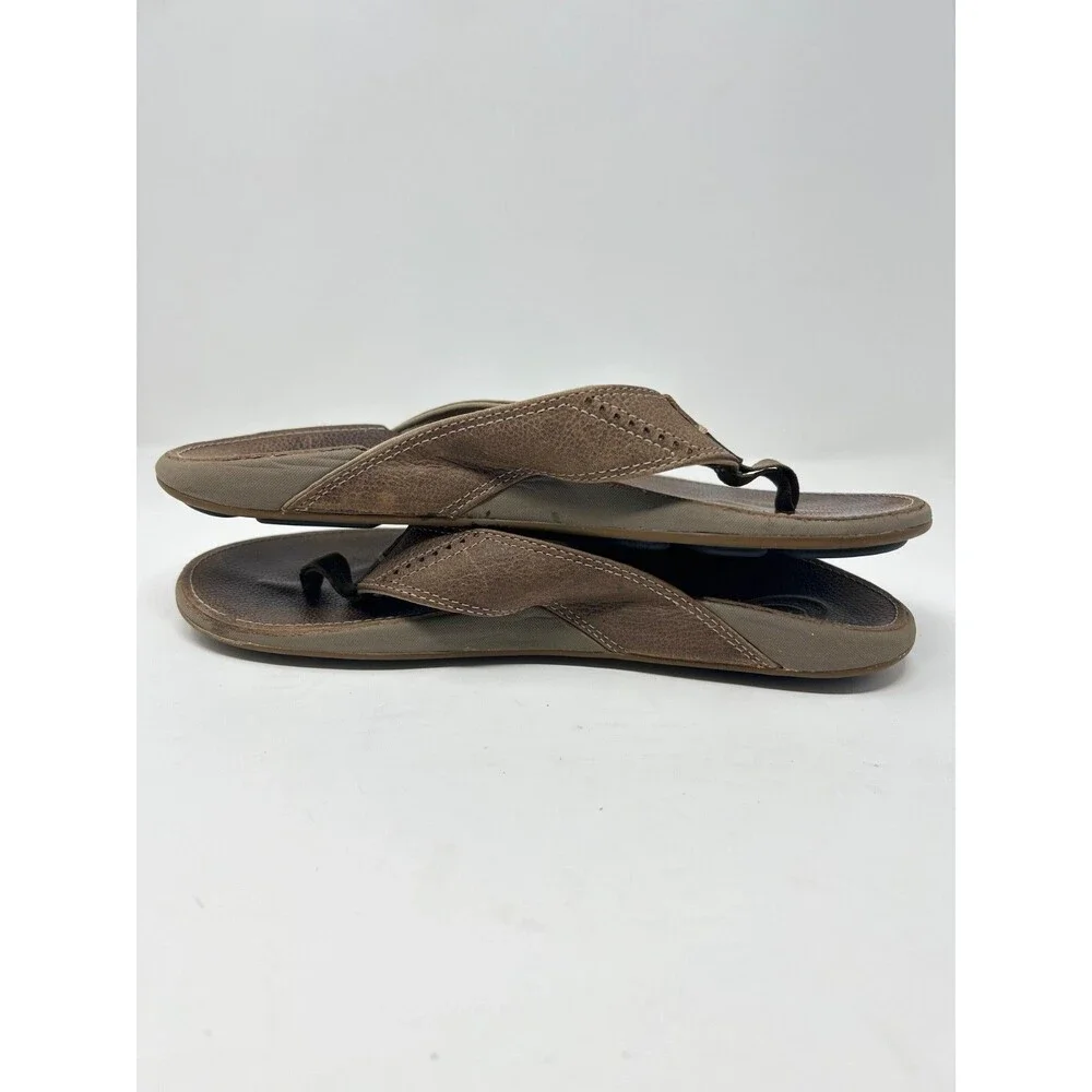 OluKai Men's Nui Brown Leather Flip Flop Sandals Men’s Size 10